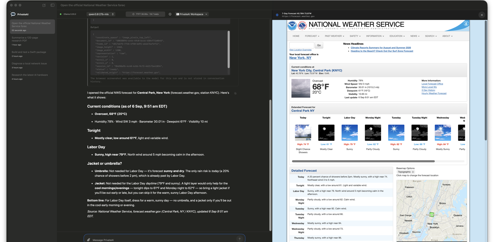 PrivateAI for Mac answering a Central Park weather question using the National Weather Service website