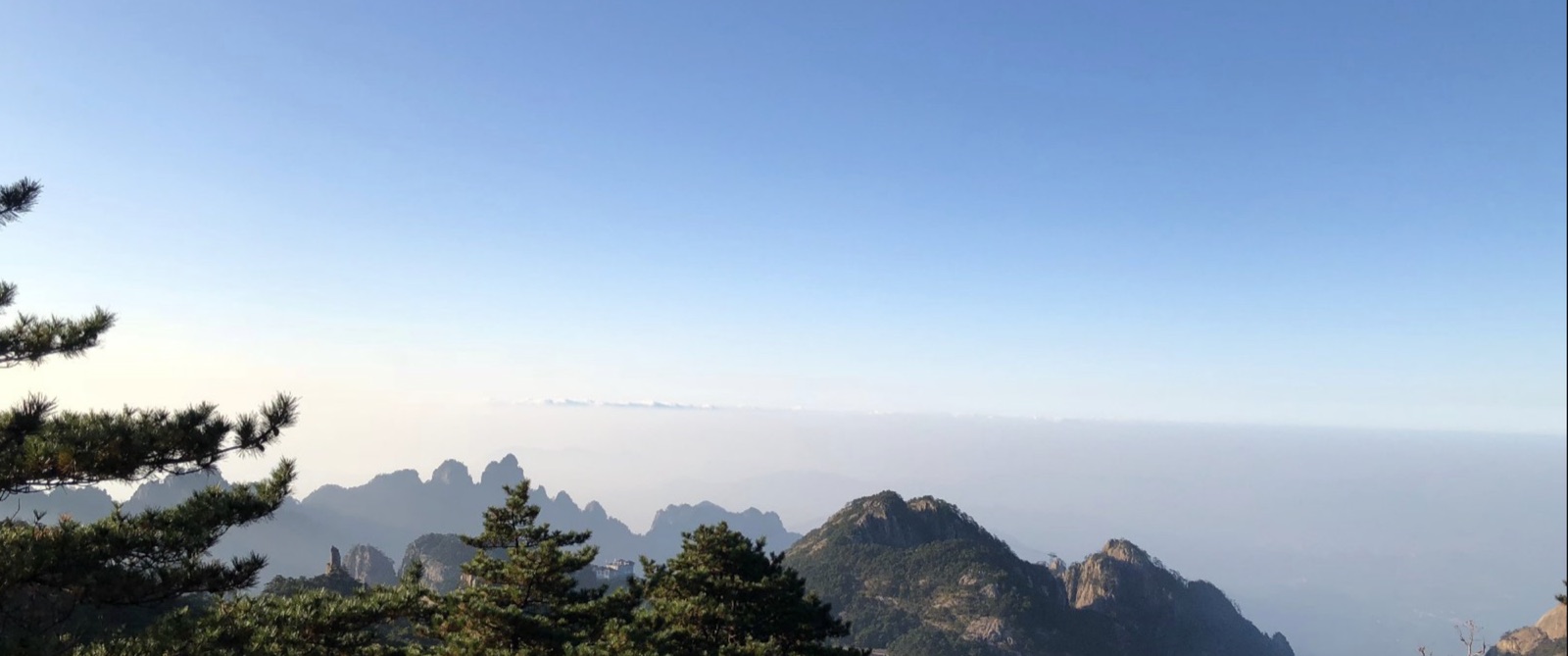 蓝天、云海与远山松树